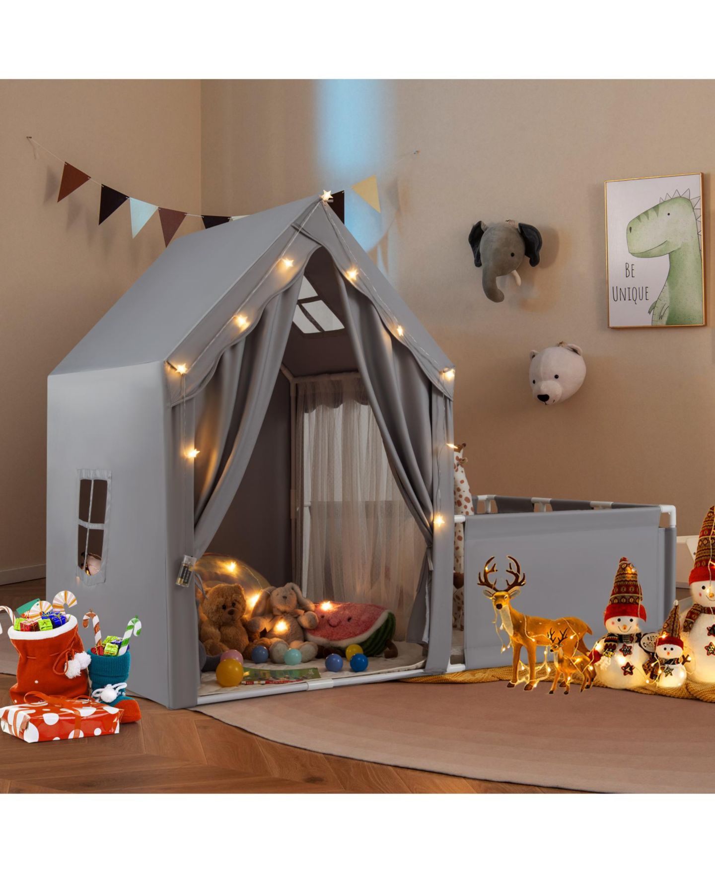 Детская игрушка SUGIFT 2-in-1 Play Tent and Playpen Yard with Star String Lights, Ages 3+, цвет: Серый — фото 2