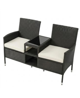 Outdoor Wicker Patio Loveseat with Built-In Glass Side Table