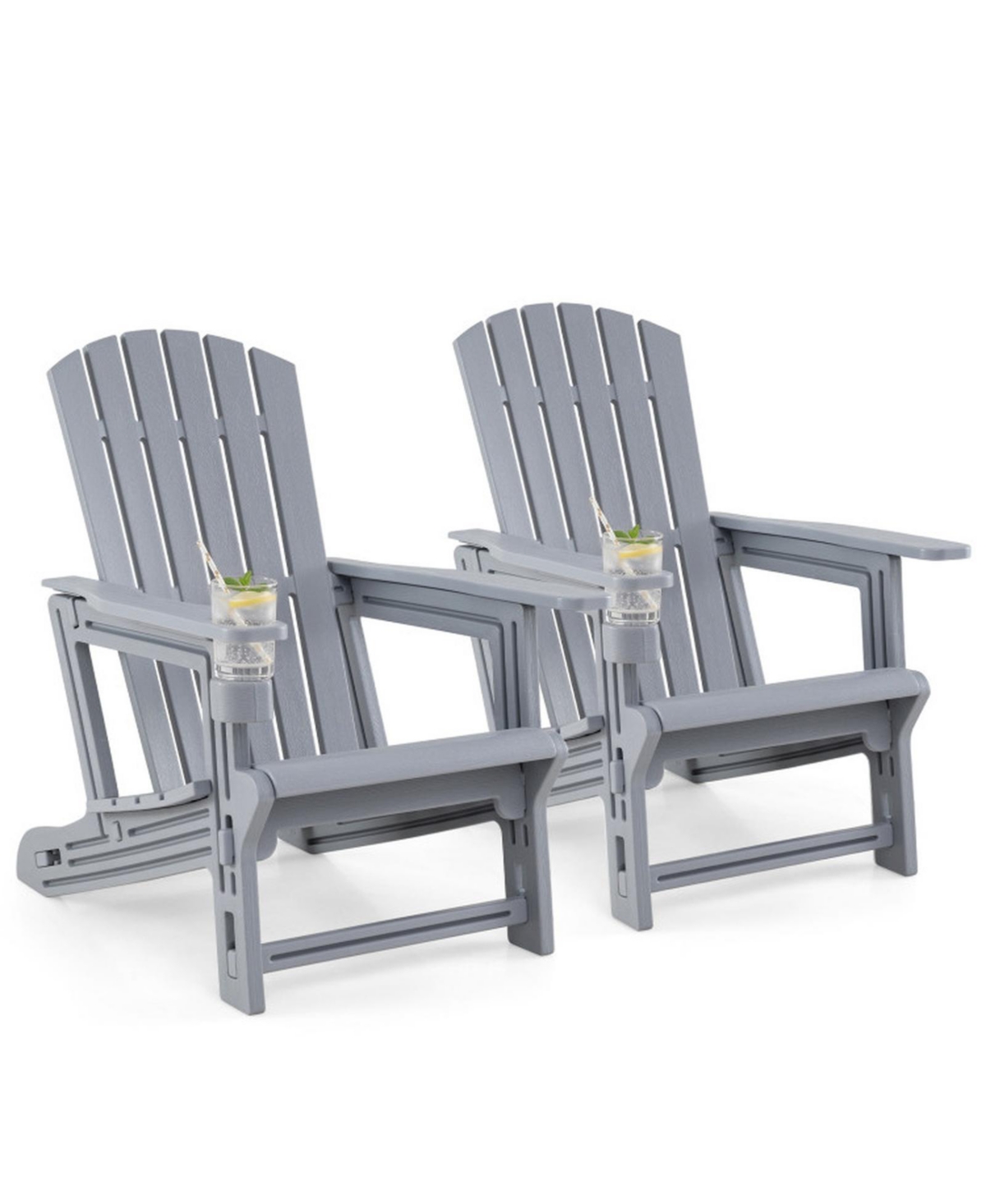 Sugift Set of 2 Hdpe Adirondack Chairs with Cup Holder and Wood-Like Texture for Garden