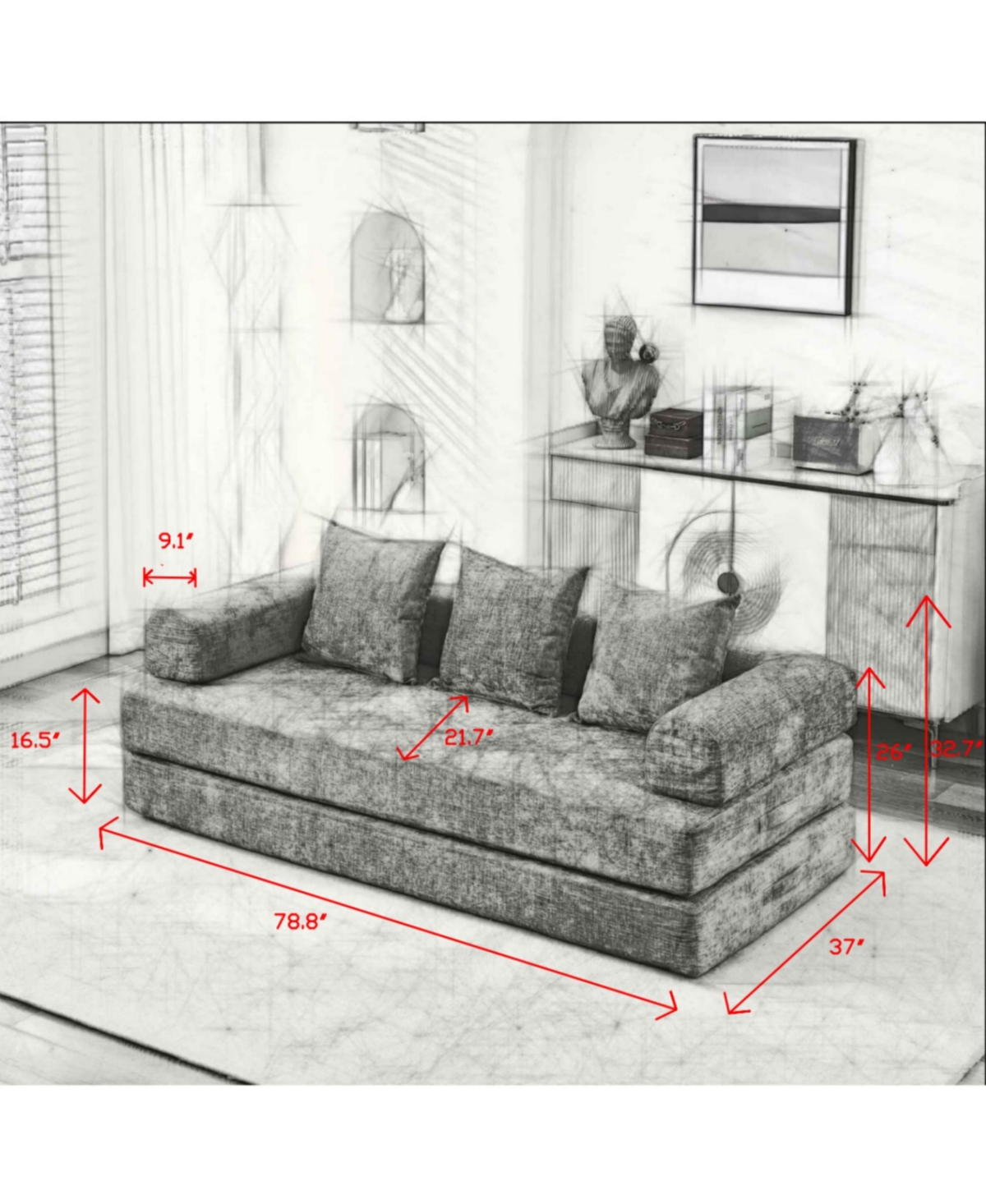 Clihome Convertible Folding Mattress Couch, Chenille Floor Sofa with Armrest, Floor Sofa Lounge Couch