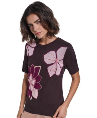 Petite Floral-Print Sequin-Embellished Sweater