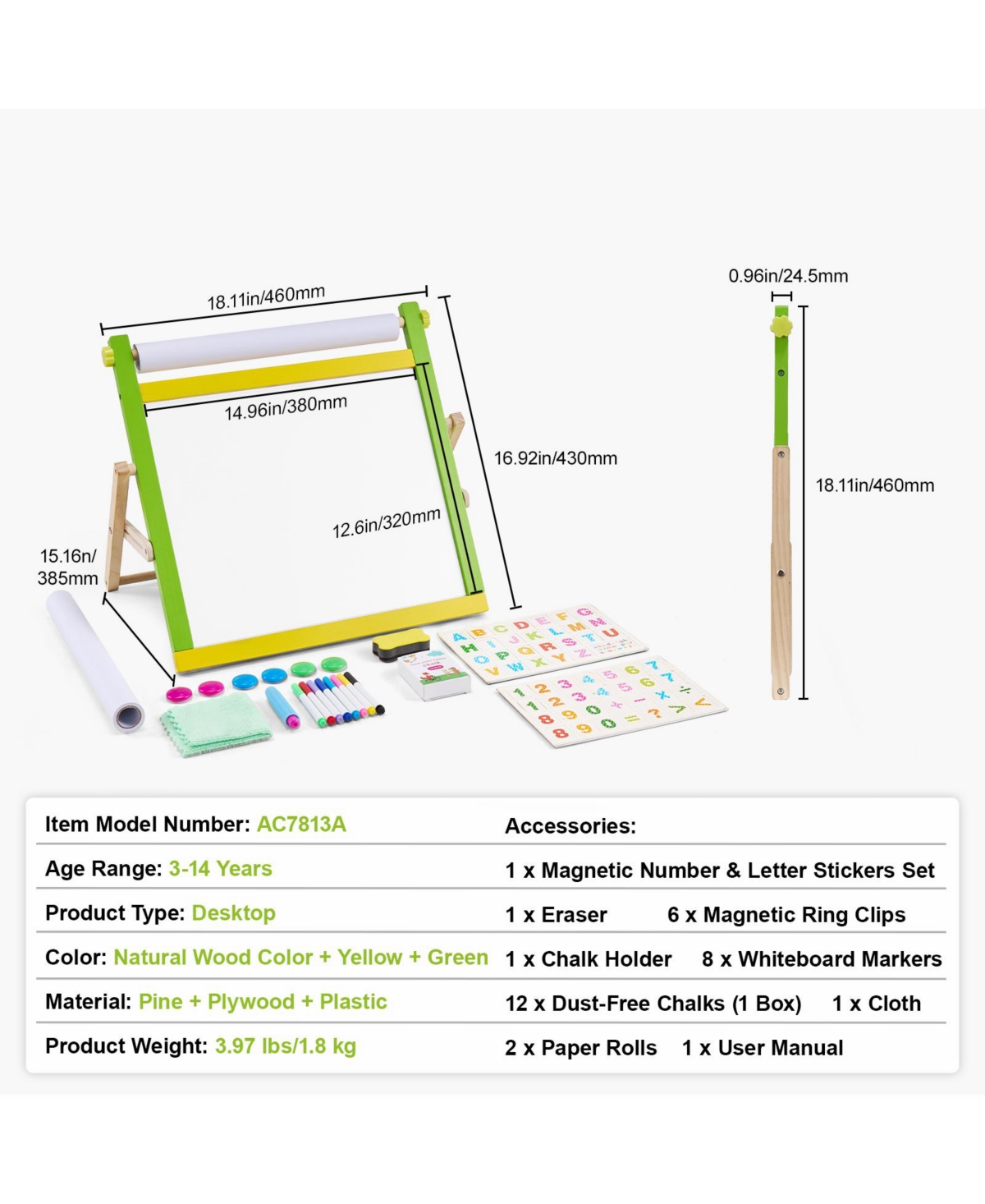 Sugift 3-in-1 Wooden Double-Sided Kids Art Easel with Magnetic Board Chalkboard Paper Roll Foldable