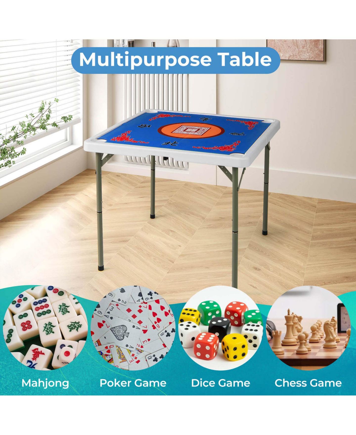 Детская игрушка Costway Folding Mahjong Table with Cup Holders and Carrying Handle, Ages 18+, цвет: Синий — фото 5