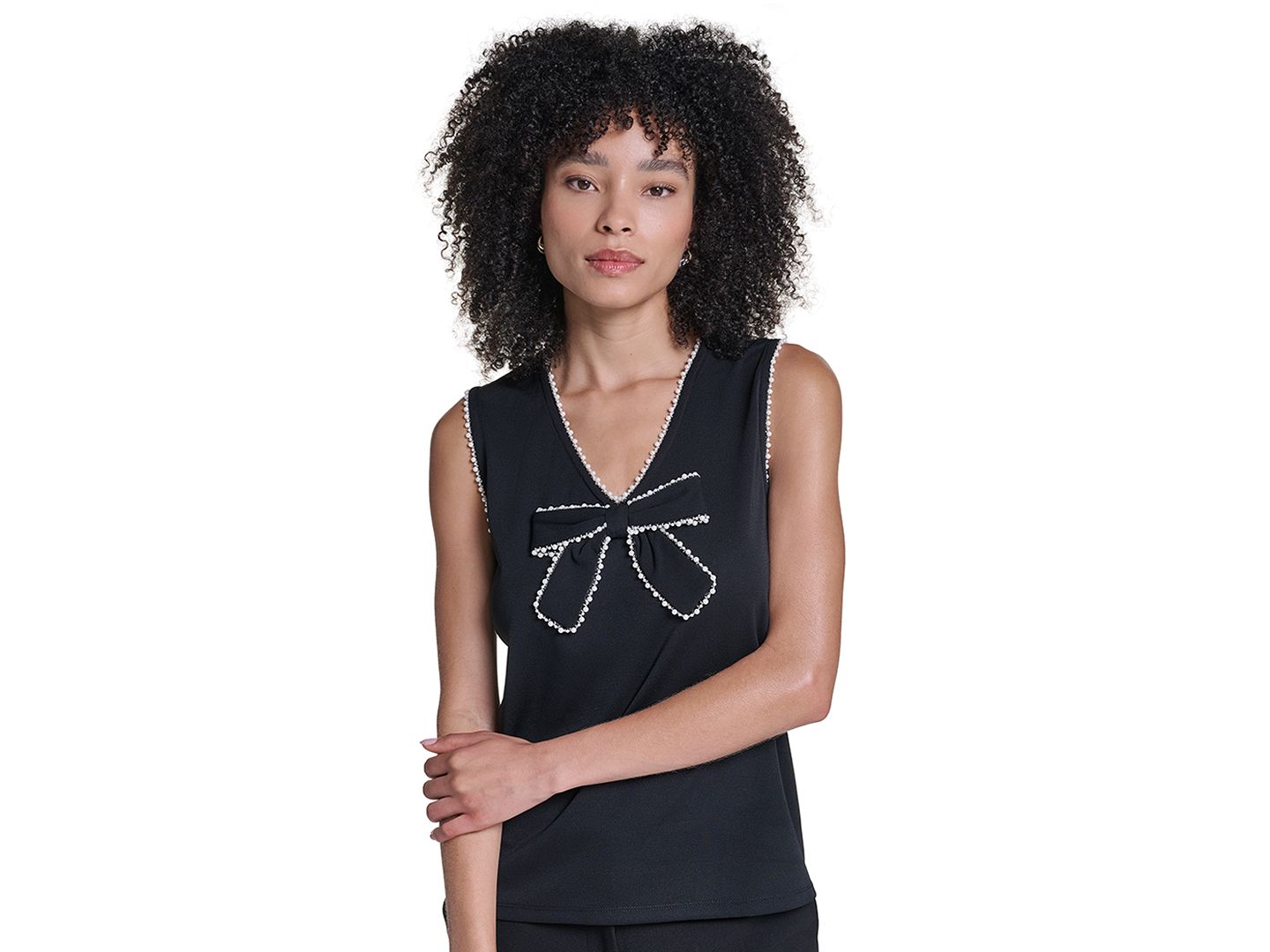 Женская блузка KARL LAGERFELD PARIS Petite Sleeveless V-Neck Bow Detail Blouse, цвет: Чёрный — фото 1