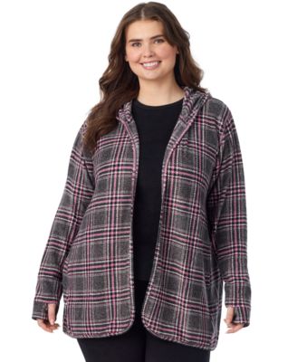 Plus Size Hooded Long-Sleeve Fleecewear with Stretch Wrap