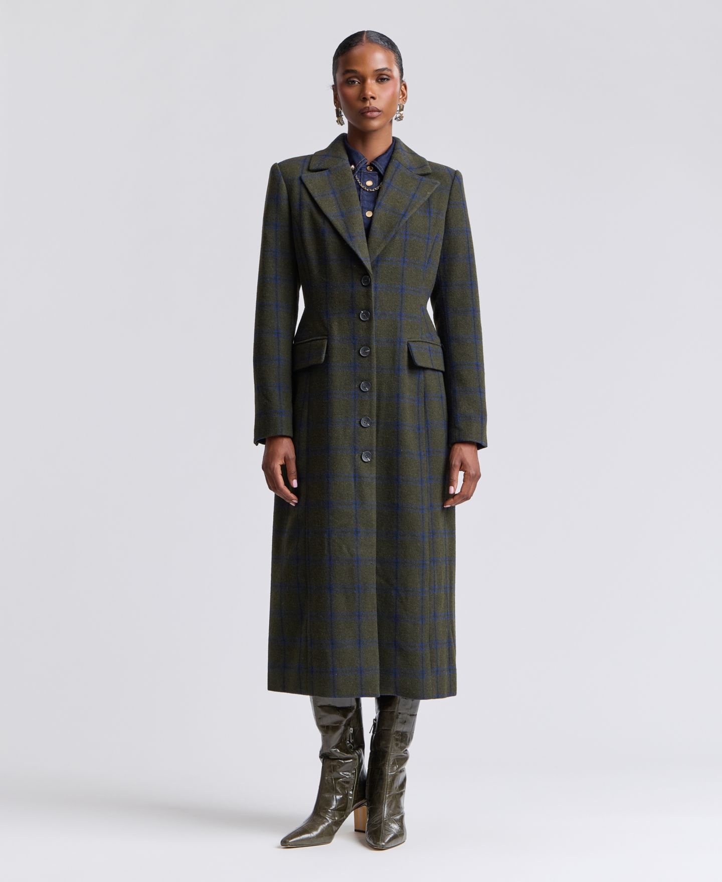 Женское пальто Avec Les Filles Plaid Wool-Blend Spread Collar Button-Front, цвет: Оливковый / Синий — фото 2