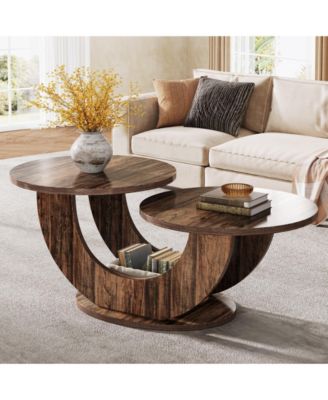 Round Coffee Table with U-Shaped Frame, 2-Tier Farmhouse