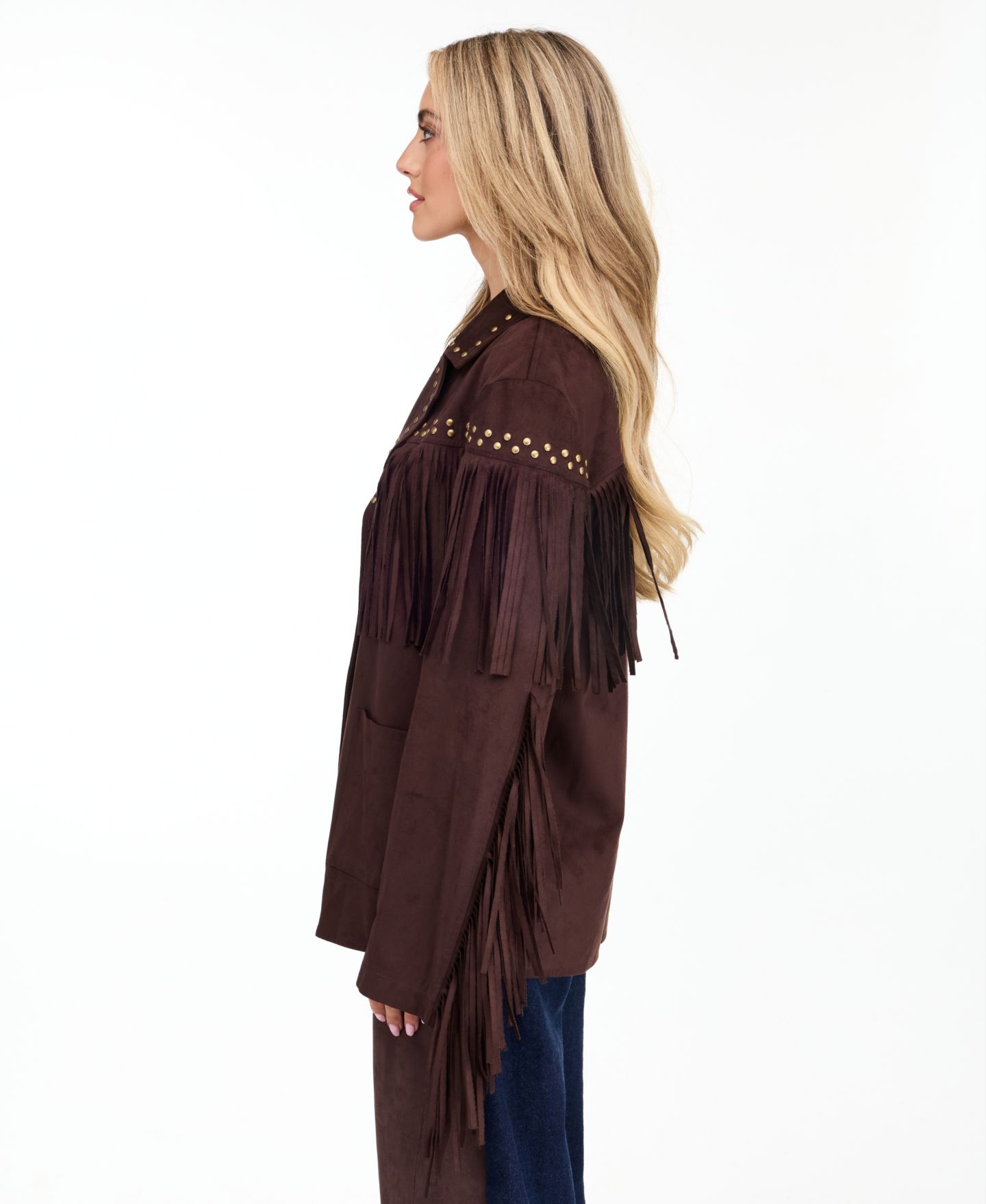 Женская куртка Kittenish Montana Faux-Suede Studded Fringe, цвет: Кофейный — фото 4