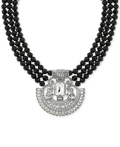 2028 Silver-Tone Crystal and Black Beaded Collar Necklace