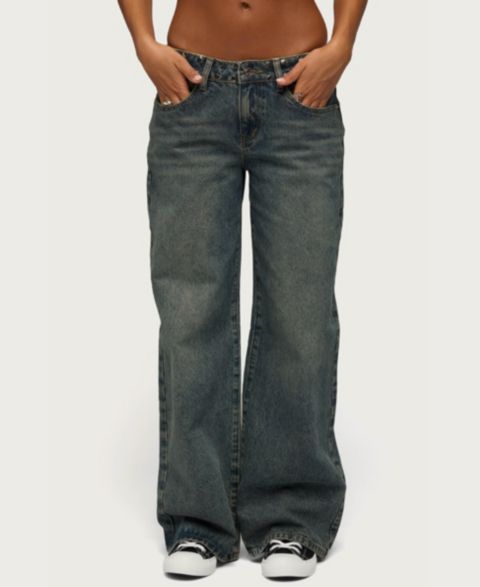 Женские джинсы Edikted Nyc Low-Rise Baggy Studded, цвет: Синий потёртый