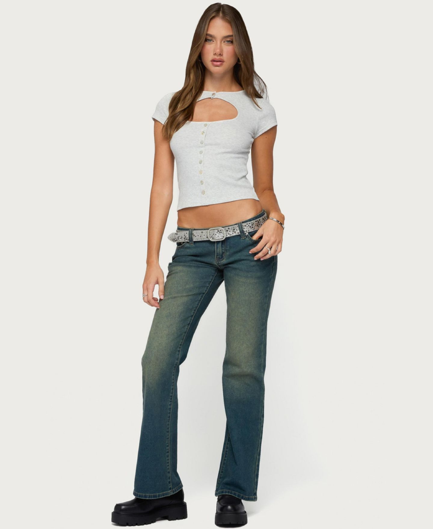 Женский топ Edikted Tyla Short-Sleeve Cropped Keyhole-Cutout, цвет: Светлый серый меланжевый — фото 3