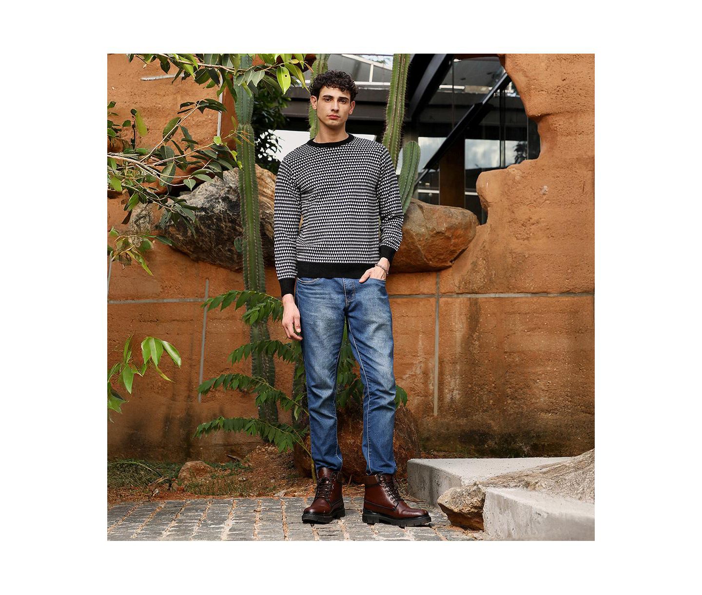 Мужской свитер Campus Sutra Contrast-Jacquard Knit Pullover, цвет: Чёрный — фото 6