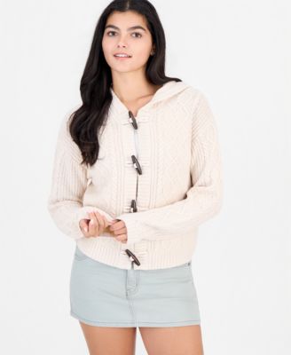 Juniors' Cable-Knit Hooded Toggle-Front Cardigan