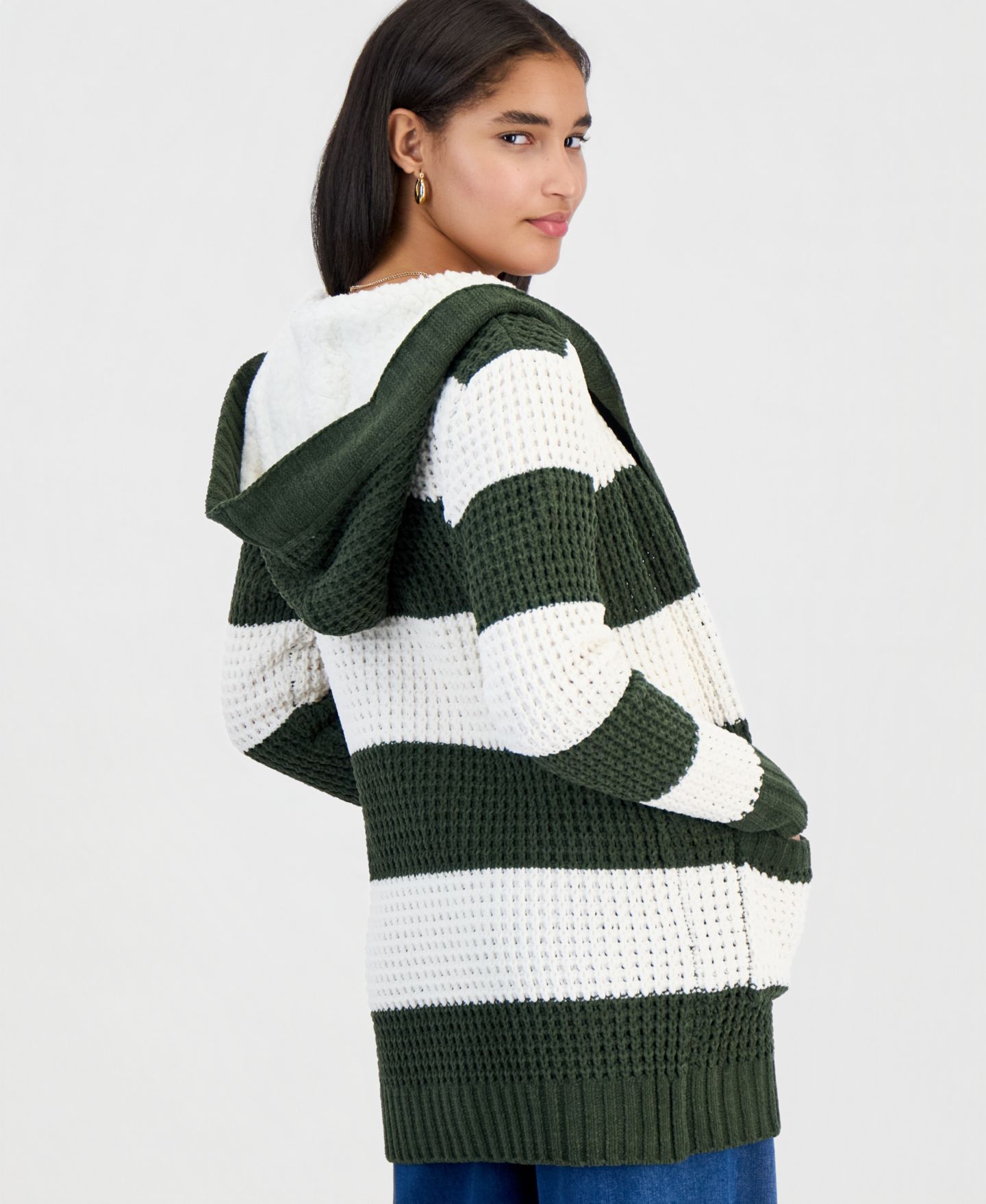 Женский кардиган Madden Girl Juniors' Hooded Sherpa Striped, цвет: Зелёный / Белый полосатый — фото 3
