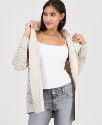 Juniors' Hooded Open-Front Faux-Fur-Lined Cardigan