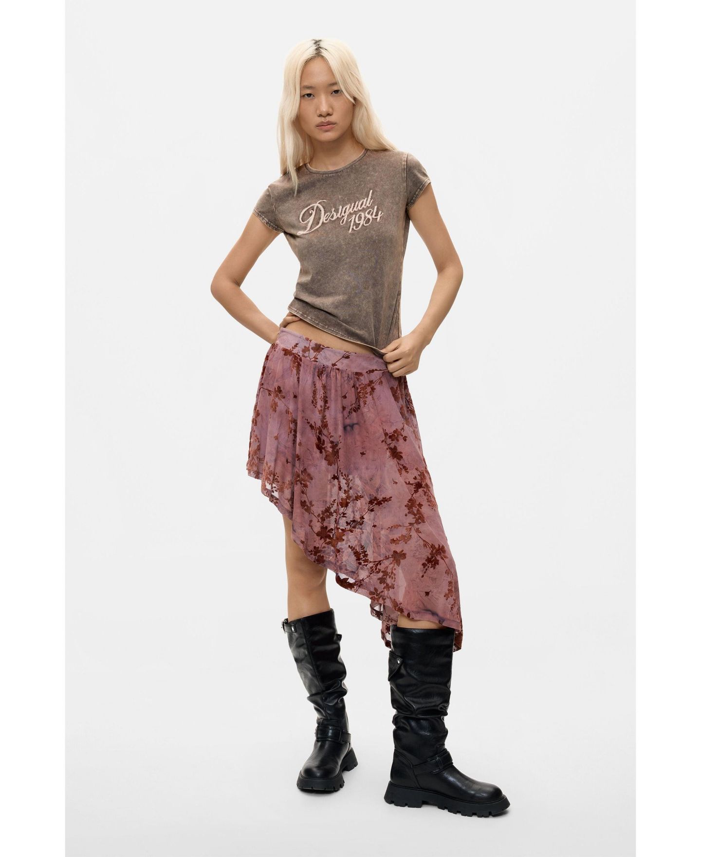 Женская юбка Desigual Asymmetrical Flocked-Floral Mini, цвет: Розовый — фото 5