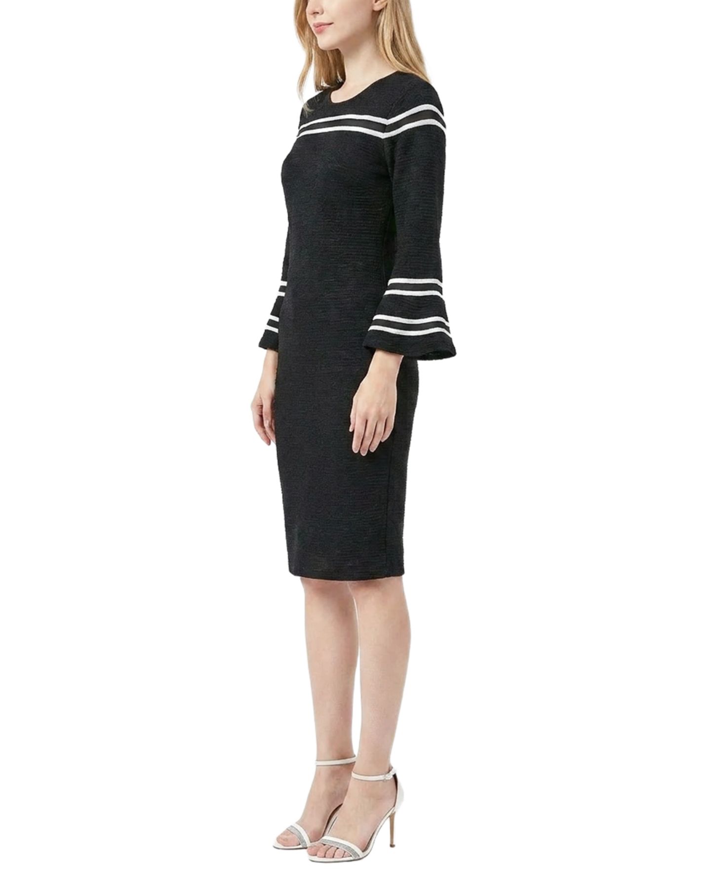 Женское платье NY Collection Petite Bell-Sleeve Mesh-Inset Sheath, цвет: Чёрный белый — фото 2