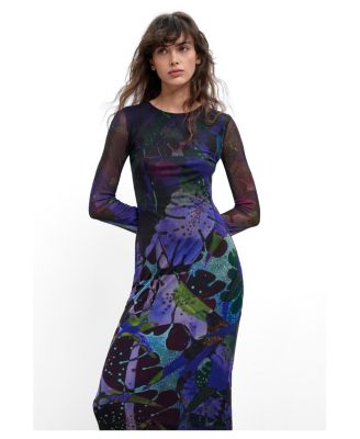 Women's M. C. Lacroix Floral-Print Long-Sleeve Crewneck Midi Dress