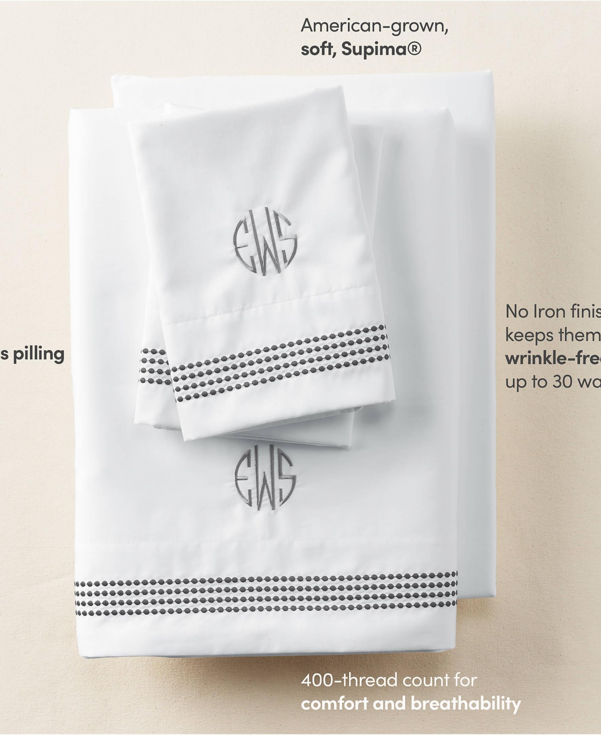Lands' End Supima Cotton No Iron Sateen Embroidered Sheets