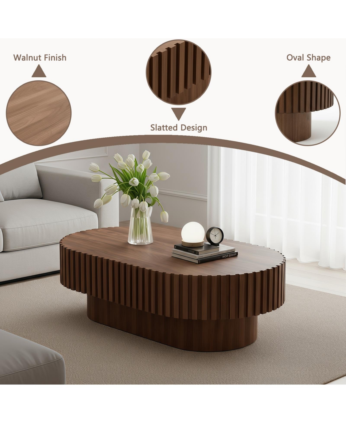 Clihome Oval Coffee Table,Mid Century Modern Fluted Table with Pedestal, Classic Wood