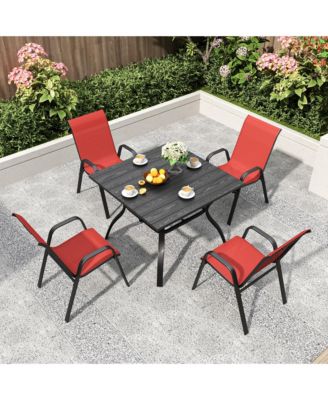 5 Piece Patio Dining Set, Wood Grain Table with Umbrella Hole and 4 Stackable Textilene Chairs