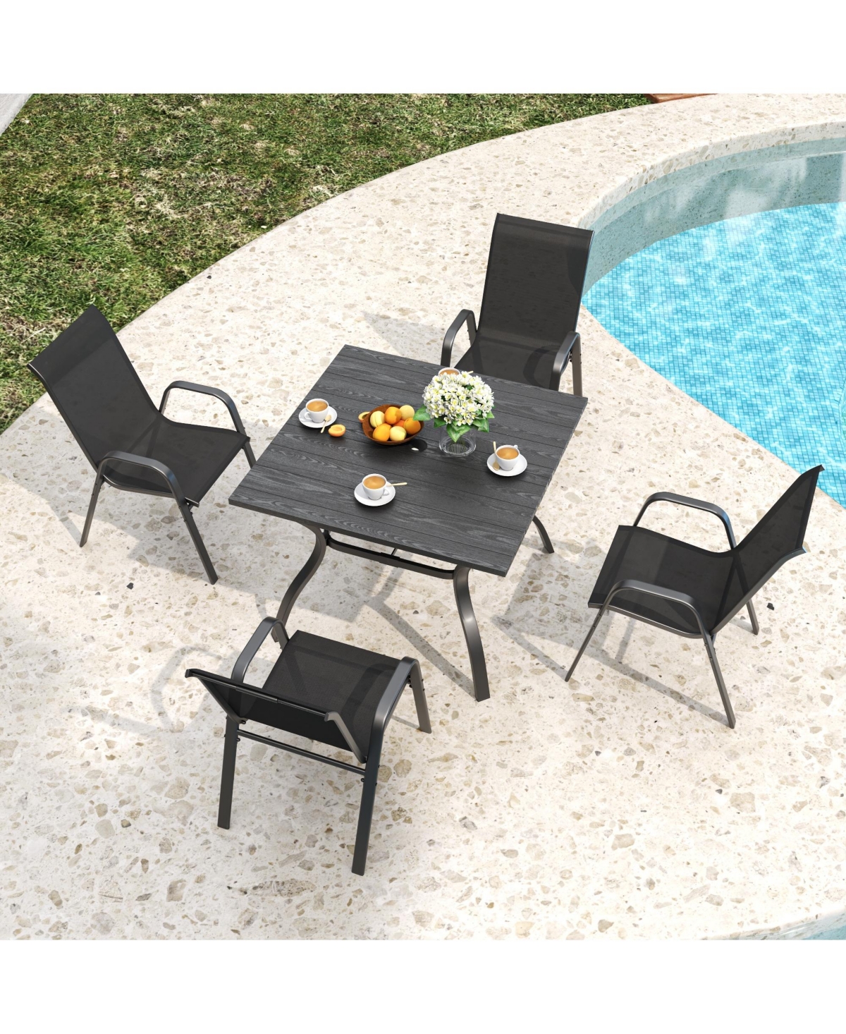 Clihome 5 Piece Patio Dining Set, Wood Grain Table with Umbrella Hole and 4 Stackable Textilene Chairs
