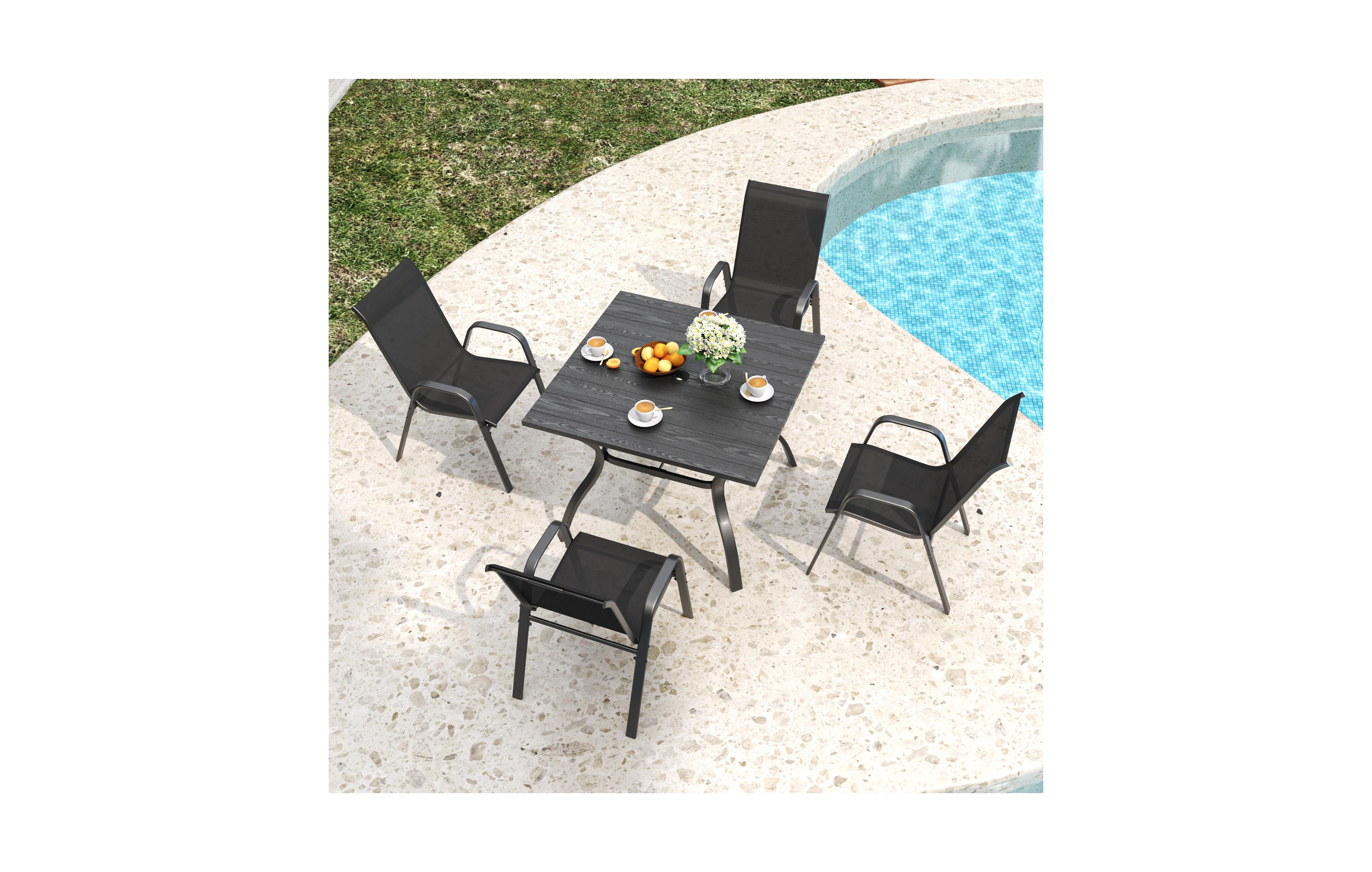 Clihome 5 Piece Patio Dining Set, Wood Grain Table with Umbrella Hole and 4 Stackable Textilene Chairs