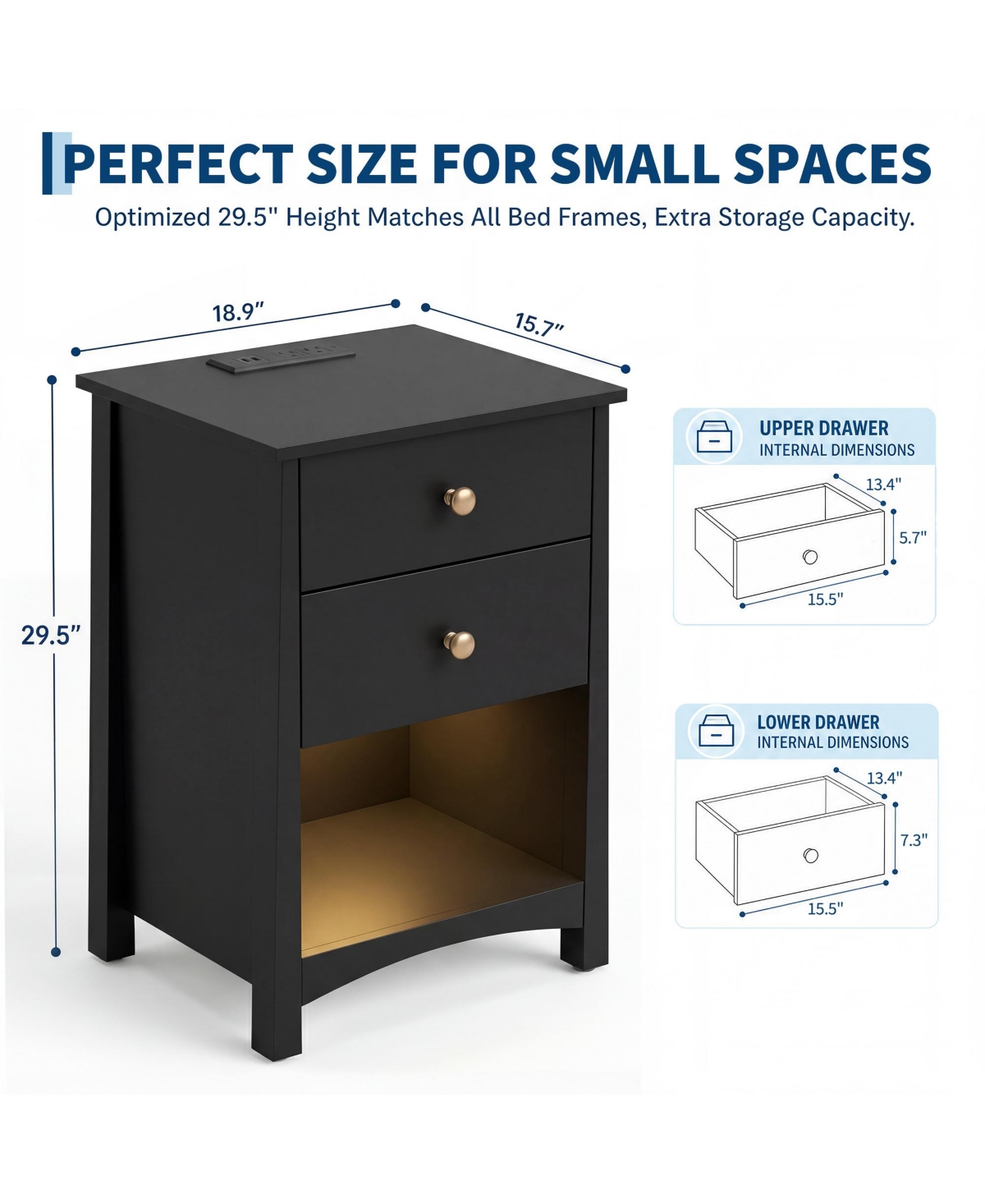 homfan Nightstand with Power Outlets | Open Storage and Led Light Strip, Modern Mid Century Bed Side Table 2 Drawers,