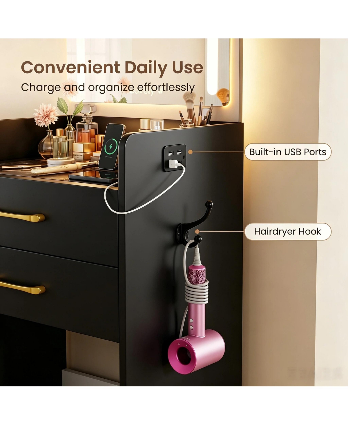 gaomon Mini Makeup Vanity Desk with Led Lighted Mirror, Usb Charging Station, Hidden Rolling Stool
