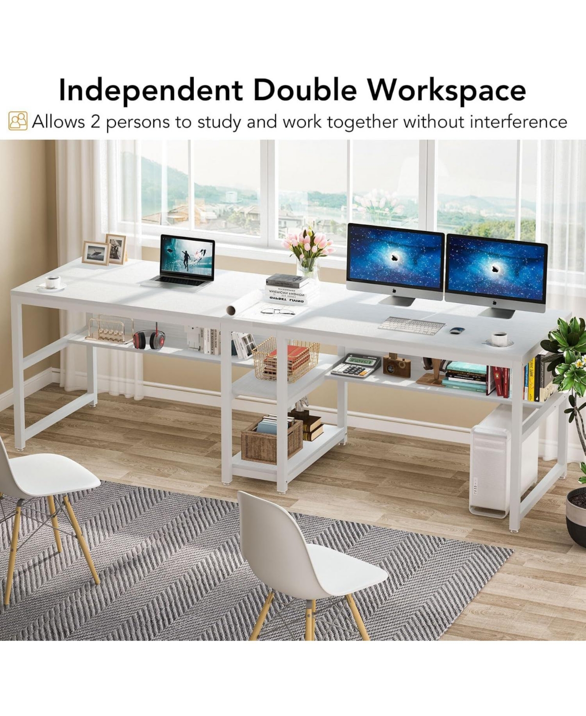 Tribesigns 78.7" Two-Person Desk with Bookshelf