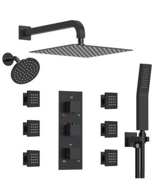 Thermostatic Dual Showerheads System Wall Mount 12" High-Pressure Rainfall Shower Faucet with Handheld Spray and Body Jet