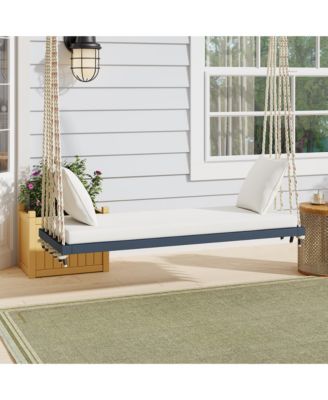 Wooden Porch Swing Bench with Cushion & Pillows, 10.8 ft Hemp Ropes
