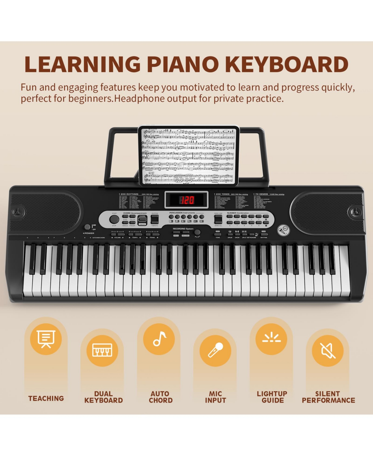Sugift 61-Key Lighted Electric Piano Keyboard for Beginners with Stand and Bench, Ages 6+
