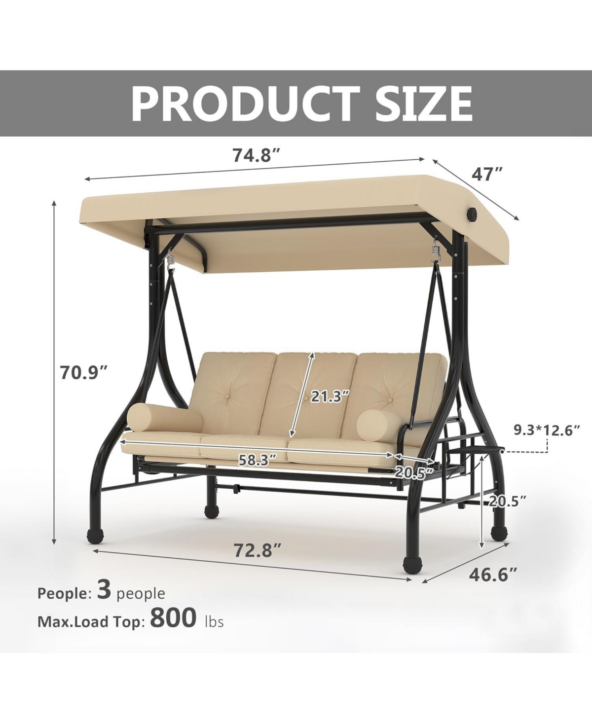 gaomon Outdoor Porch Swing with Adjustable Canopy, 3-Seat Patio Chair Stand, 800LBS Heavy Duty