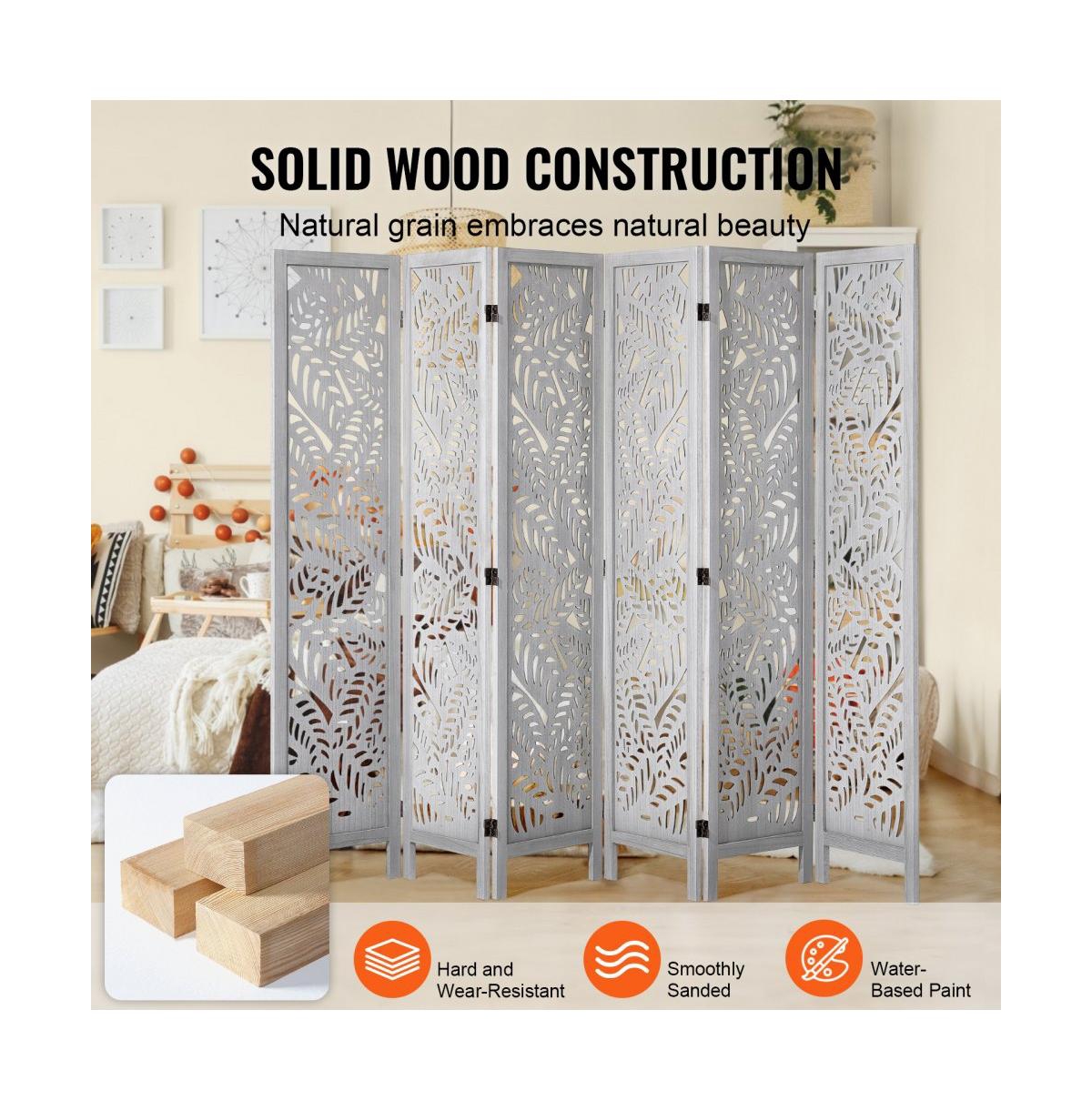 Slickblue Portable 6 Panel Wooden Room Divider, Carved Folding Privacy Screen for Bedroom Office Home