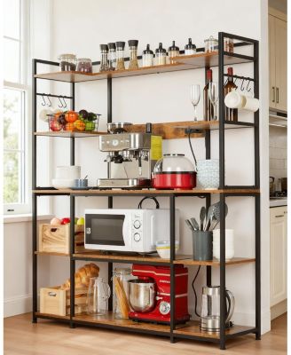 4-Tier Industrial Baker's Rack with Power Outlet, 6 Hooks and Wire Basket, Adjustable Feet