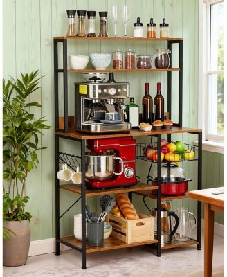 4-Tier Industrial Baker's Rack with Power Outlet, 6 Hooks and Wire Basket, Adjustable Feet
