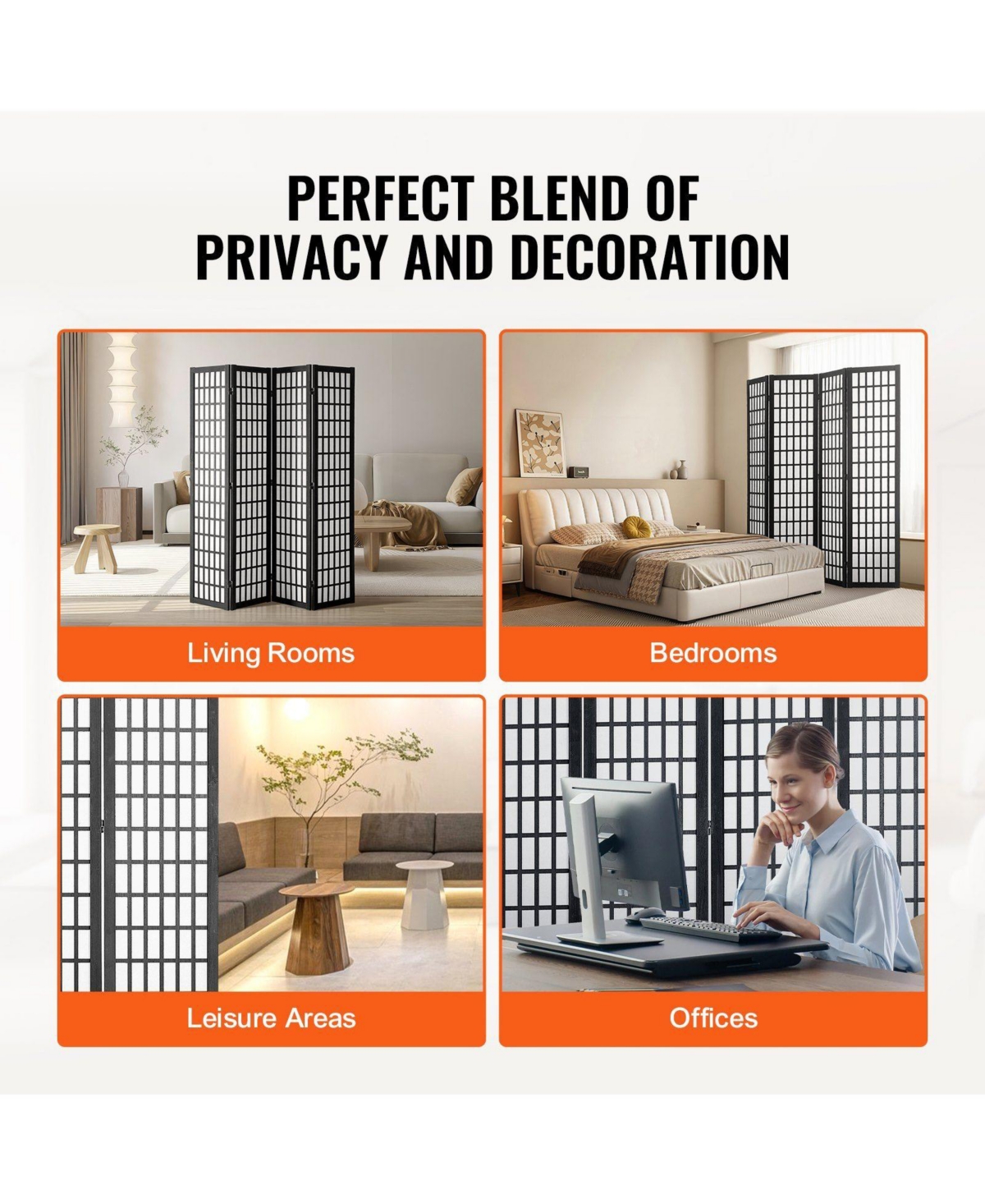 Slickblue Wood Folding Privacy Room Divider Screen 4 Panel Partition for Indoor Home Office Decor