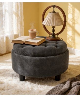 25 Inch Round Storage Ottoman,  Tufted Fabric