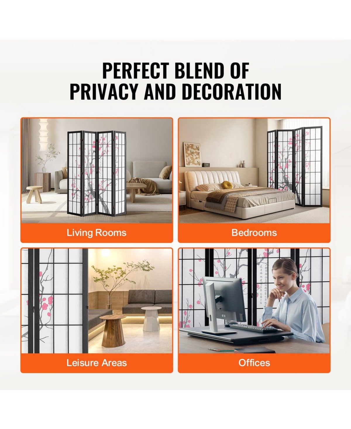 Slickblue 4 Panel Wood Privacy Screen Divider, Portable Folding Partition for Bedroom Home Office Living Room