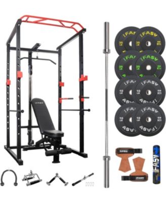 Home Gym Power Cage Set with Lat Pulldown 201 lb Bumper Plates Bench Barbell and Cable Attachments