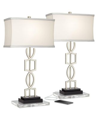 360 Lighting Evan Modern Table Lamps Set of 2 with Clear Risers 28 1/2" Tall Brushed Nickel with USB Charging Port Shade for Bedroom Living Room