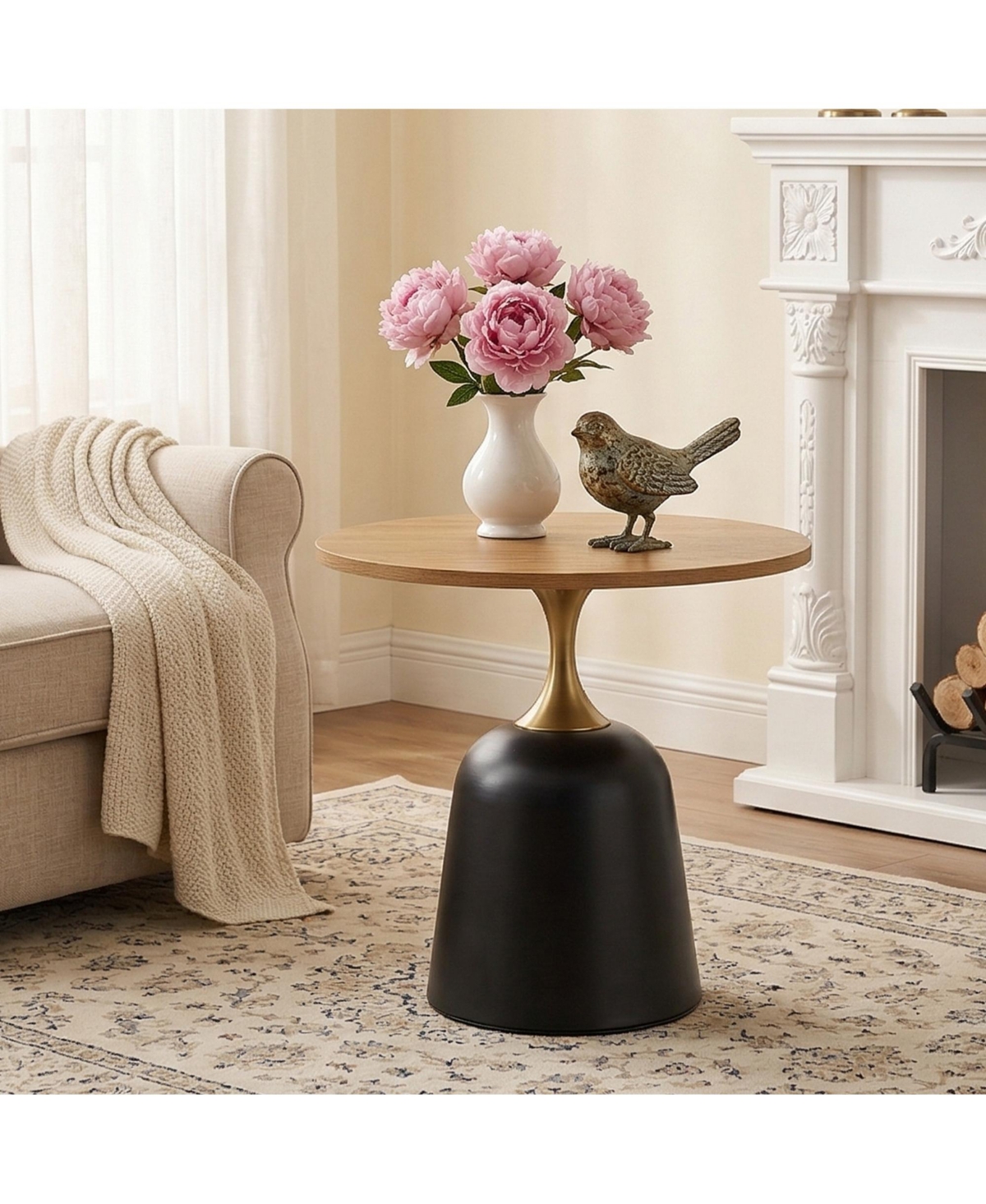 flynama 23.6" Round Metal Base Side Table Wood Grain Modern Nordic Accent Sofa Table