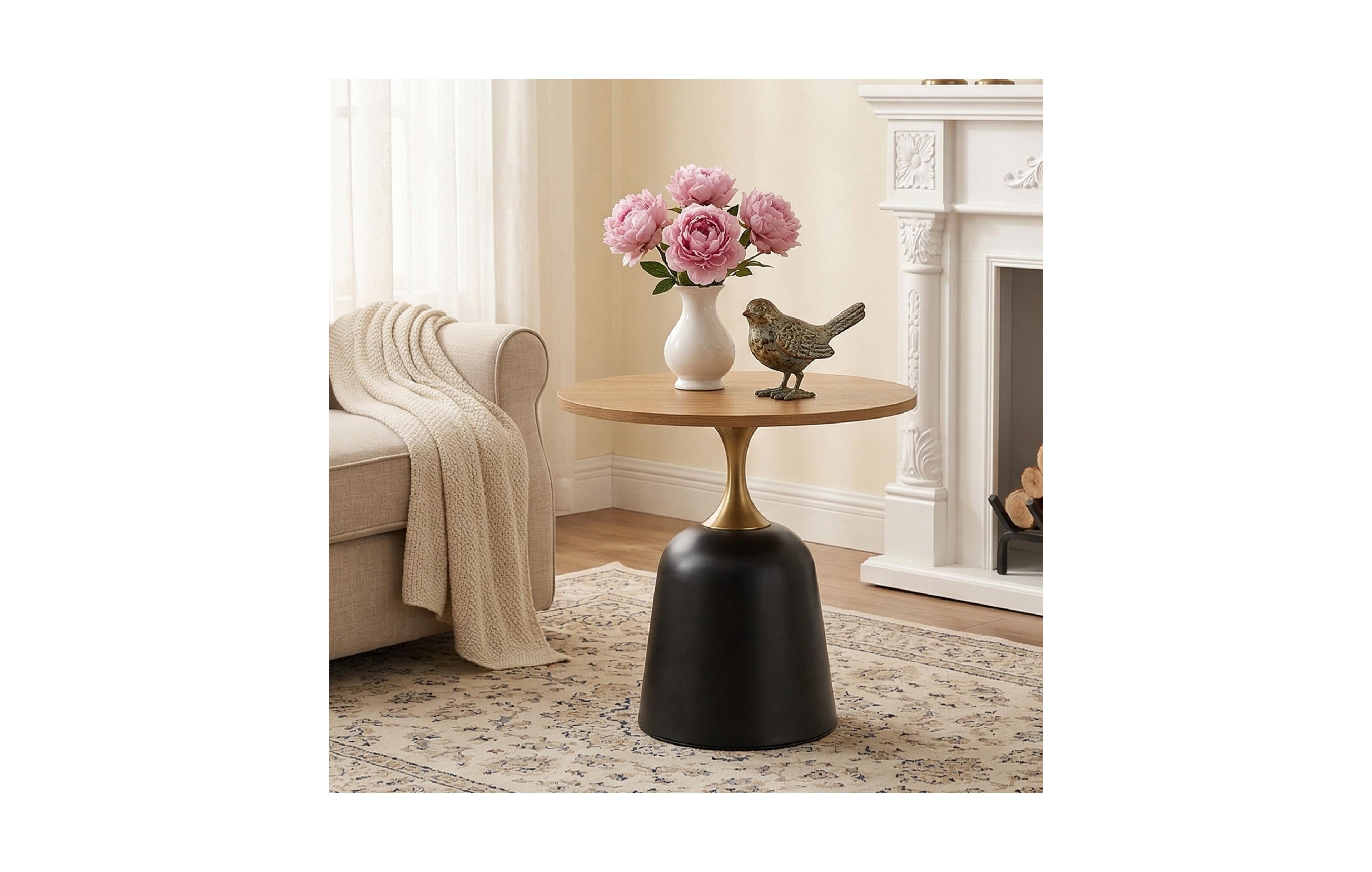 flynama 23.6" Round Metal Base Side Table Wood Grain Modern Nordic Accent Sofa Table