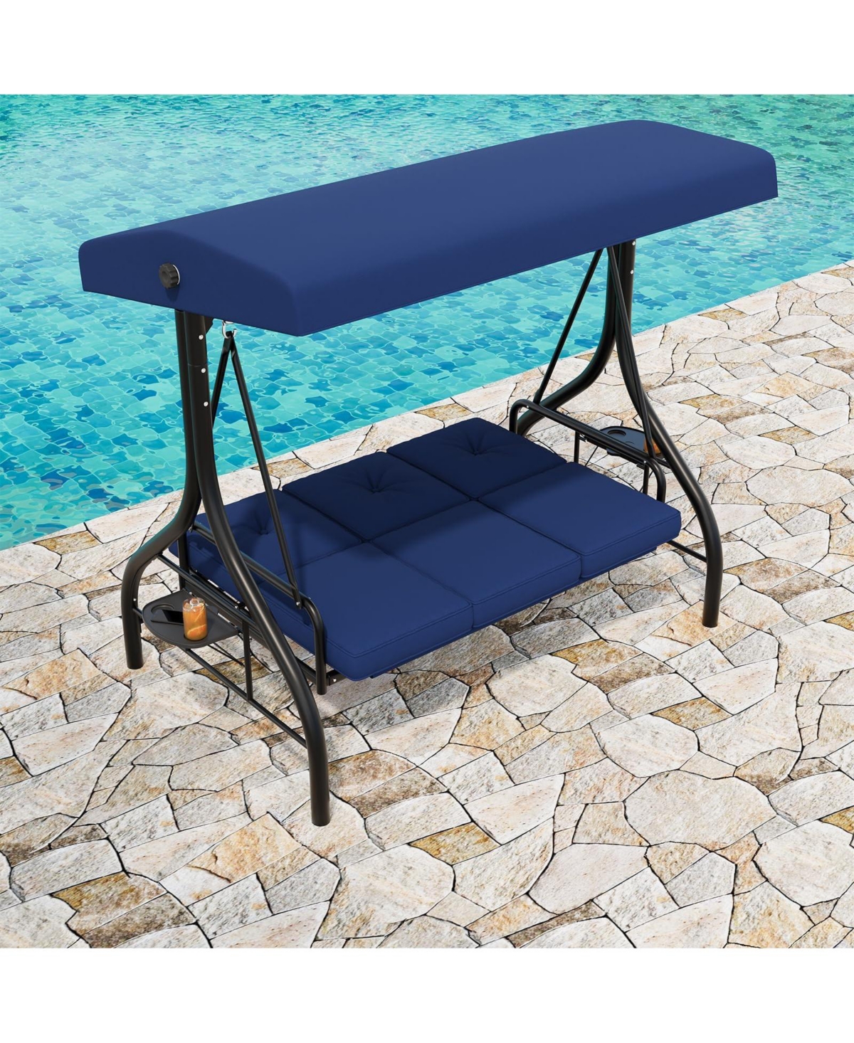 gaomon 3 Seat Outdoor Porch Swing Chair with Adjustable Canopy Convertible Swing Bed with Soft Cushions and Cup Holders