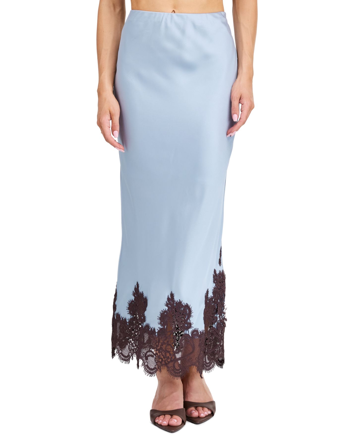 Женская юбка Kittenish High-Waisted Crepe Satin Maxi Skirt with Lace Trim, цвет: Синий туманный — фото 1