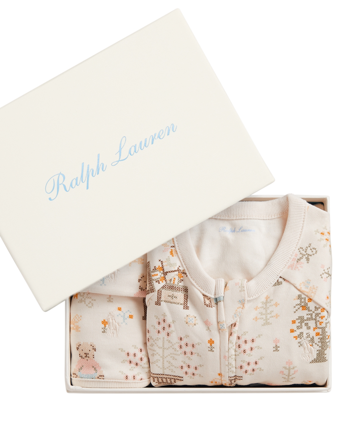 Polo Ralph Lauren Baby Girls' Bear Cotton Full-Sleeve One-Piece, Bib and Beanie Hat, 3-Piece Set