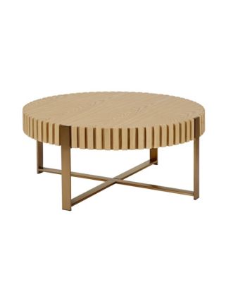 31.5" Round Drum Coffee Table MDF Metal Pedestal Base Modern Natural Ash Accent Table