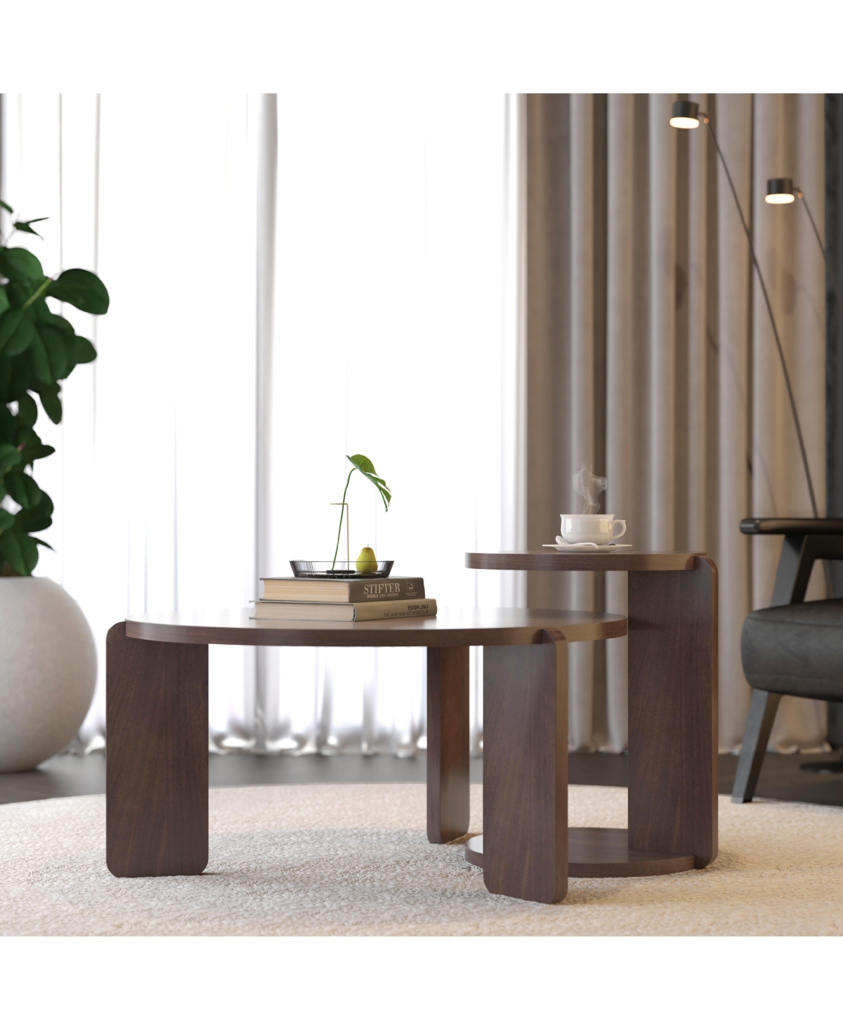 Flynama Set of 2 Walnut Veneer Nesting Round Coffee Tables, Water Resistant Pu Paint Mdf Side Table