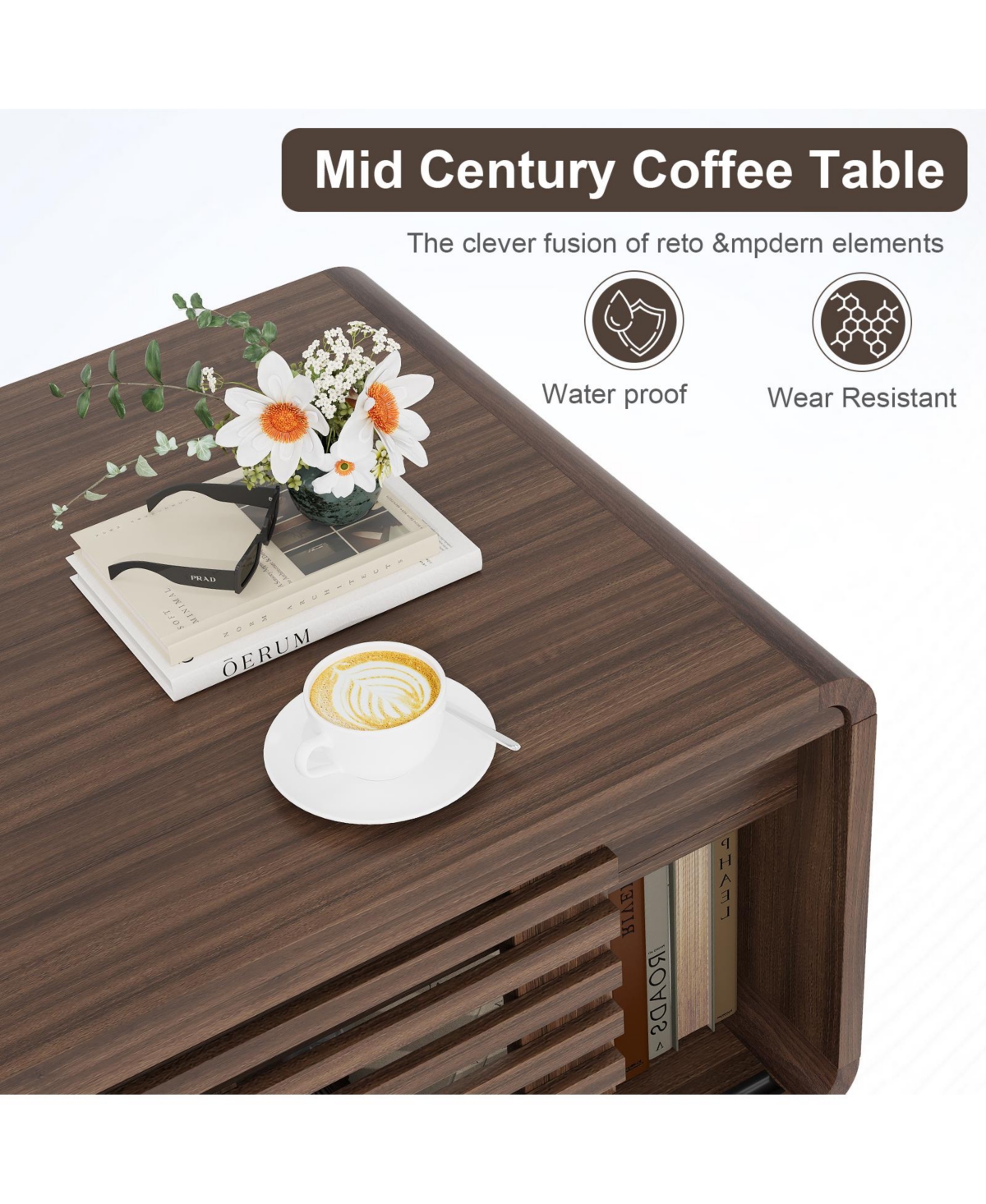 Flynama 47 Inch Mid Century Coffee Table Sliding Top Storage Walnut Finish